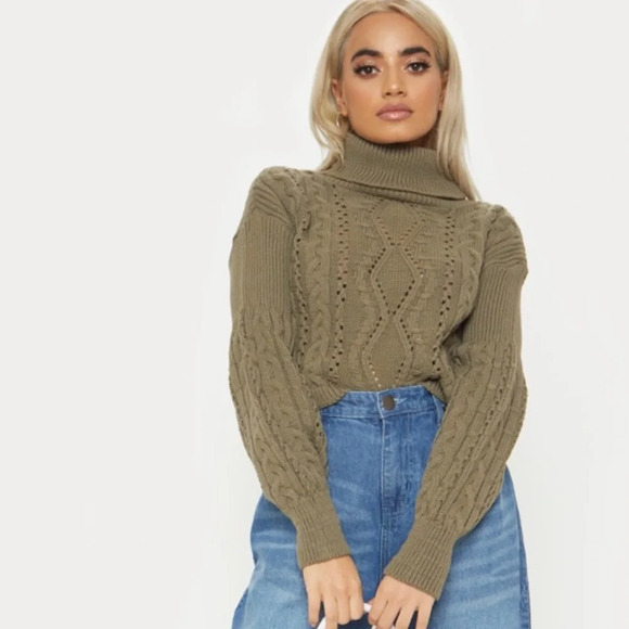 Pretty Little Thing Petite Khaki Roll Neck Crop Turtleneck Sweater Size S - Picture 12 of 13